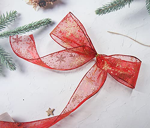 Organza with Red Glitter Snowflakes Wired Ribbon 2.5 inch x 50 Yards for Christmas Home Decor Tree Topper Bow Gift Wrapping DIY Crafts Wreath Garland Wedding (150 Foot)
