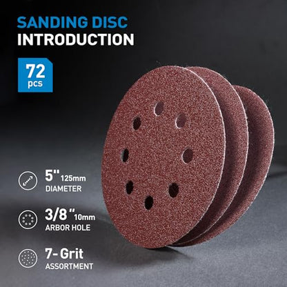 72 PCS 5 Inch 8 Hole Hook and Loop Adhesive Sanding Discs Sandpaper for Random Orbital Sander 40 60 80 120 180 240 320 Grits (72 Count)