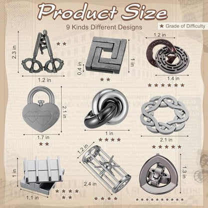 9 Pcs Metal Brain Teasers 3D Steel Puzzle Set (9 Count)