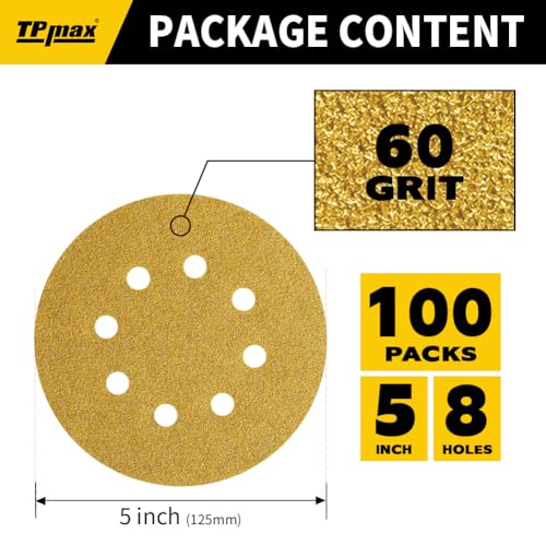 100PCS 5 Inch 60 Grit 125mm 8 Hole Sanding Discs Sandpaper (100 Count)
