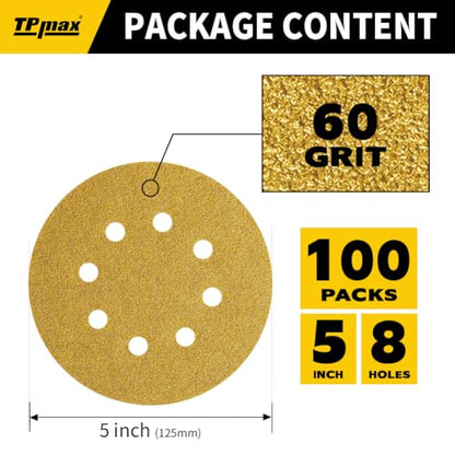 100PCS 5 Inch 60 Grit 125mm 8 Hole Sanding Discs Sandpaper (100 Count)