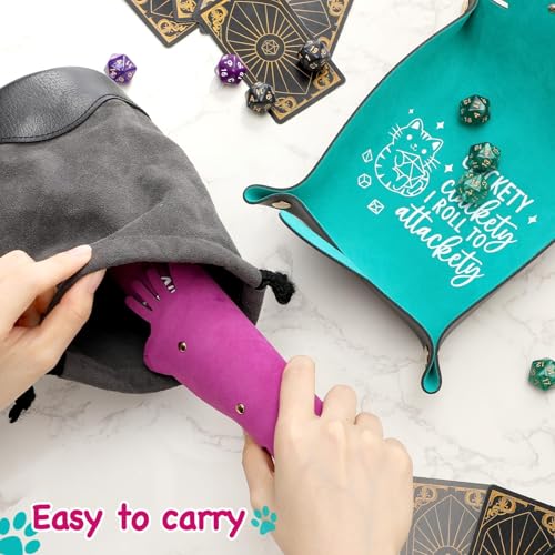 2Pcs Cat Dice Rolling Tray Novelty Folding Leather Dice Holder Portable Storage Accessories Decorative Desk Organizer Funny Gift for DND Game Players (2 Count)