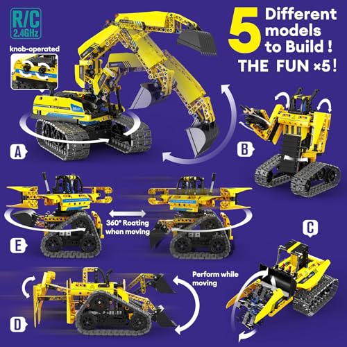 5-in-1 STEM Building Block Kit RC Robot Excavator Toys for Ages 8-13 (430 Count)
