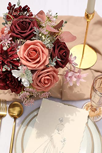 Artificial Flowers 50pcs Real Looking Burgundy & Pinky Cedar Foam Fake Roses with Stems for DIY Wedding Bouquets Bridal Shower Centerpieces Floral Arrangements Party Tables Home Decorations (50 Count)