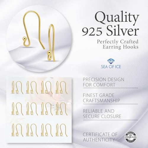 925 Gold flashed Sterling Silver Ear Wires Ball End French Earring Hooks for Drop Dangle Earrings Jewelry Making (24 Count)