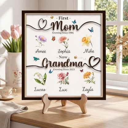 Personalized Grandma Gift First Mom Now Grandma with Birth Month Flowers Decorative Wooden Sign