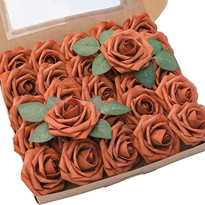 Artificial Flowers 25pcs Real Looking Burnt Orange Foam Fake Roses with Stems for DIY Terracotta Wedding Bouquets Bridal Shower Centerpieces Floral Arrangements Party Tables Home Decorations (25 Count)