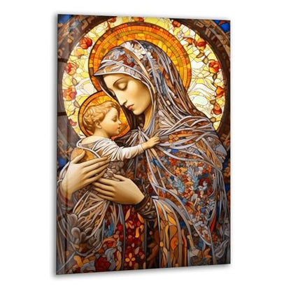 32Wx48H'' Jesus and Virgin Mary Glass Wall Art Tempered Glass Printing Wall Decor Large Wall Art Wall Hangings
