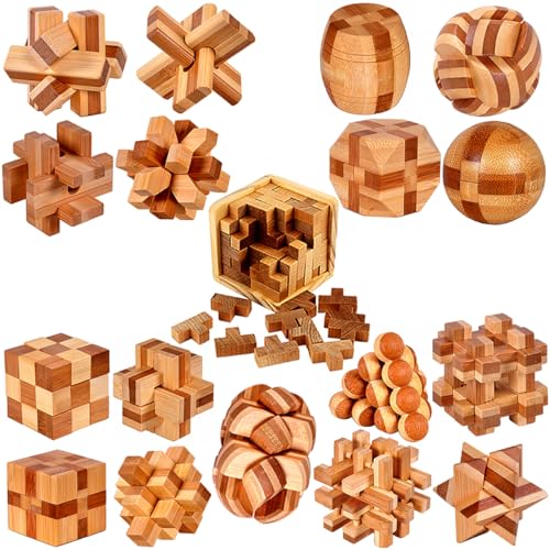 18 Pack Wooden Brain Teaser Puzzles Stress Relief Toys Wooden Burr Puzzles Brain Teaser Puzzle with Gift Packing Box Magic Puzzle Games Toy for Kids and Adults by AHYUAN (18 Count)