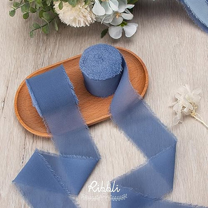 Dusty Blue Chiffon Ribbon 2 Inch x 20 Yard Handmade Fringe Chiffon Silk Ribbon Dusty Blue Ribbon for Gifts Wrapping (60 Foot)