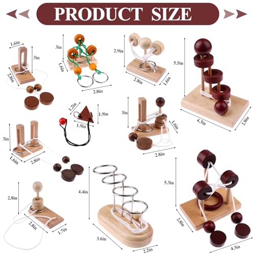 10 PCS Wooden Rope Puzzle Set Brain Teasers Puzzles Mind Toys for Adults Boys Girls Wooden Threading Rope Loop Toy Mind Toys Educational Toy (10 Count)