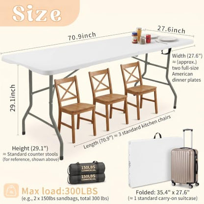 Folding Table 6 FT Lightweight Camping Table White Portable Plastic Rectangular Outdoor Dining Table Steel Legs Fold