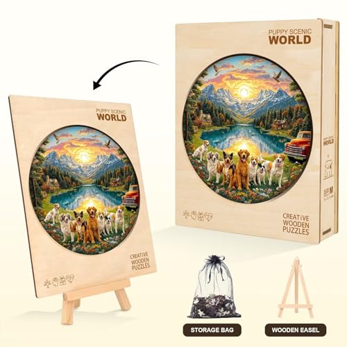 Dogs Puzzles Mountain Landscape Sunset Forest Flowers Round Puzzle Adults Gifts for Women Men Wooden 270 Pieces 13.4 * 13.4in Wall Art Decor