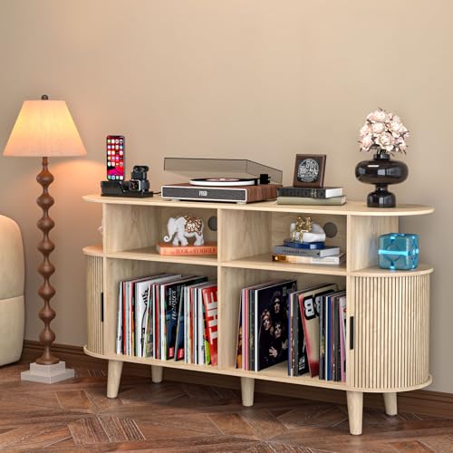 Large Round Record Player Stand with Charging Station & USB Ports