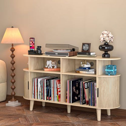 Large Round Record Player Stand with Charging Station & USB Ports