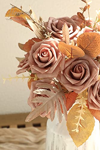 Artificial Flowers 25pcs Real Looking Warm Taupe Foam Fake Roses with Stems for DIY Wedding Bouquets Bridal Shower Centerpieces Floral Arrangements Party Tables Home Decorations (25 Count)