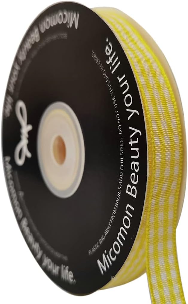 Yellow and White Gingham Plaid Checked Ribbon 25 Yards Per Roll Checkerd Craft 100% Polyester (3/8", Yellow) - Crafty Corner