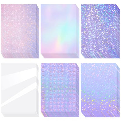 36 Sheets Holographic Sticker Paper A4 Vinyl Holographic Laminate Sheets Self Adhesive Waterproof Transparent Film (36 Count)