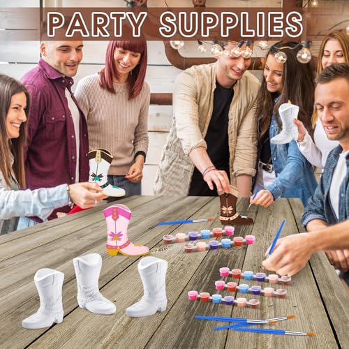 6 Set Cowboy Boot Vase Ceramics to Paint Ready to Paint Your Own Ceramic Cowgirl Hat Vase DIY Unpainted Plaster Paintable Kit Crafts with Brush Palette for Adults (6 Count)