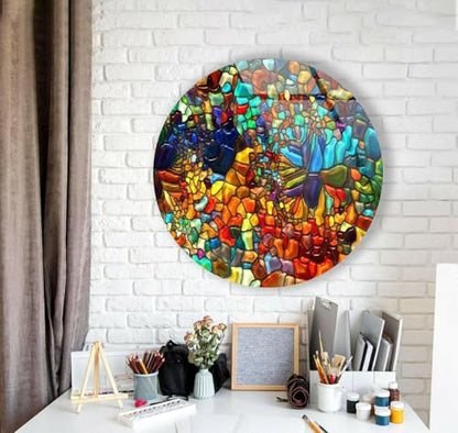 31.5''(80cm) Diameter Red Mosaic Round Glass Wall Art Tempered Glass Printing Wall Decor Large Wall Art Wall Hangings