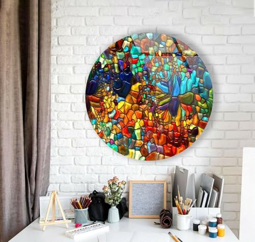 39,4''(100cm) Diameter Red Mosaic Round Glass Wall Art Tempered Glass Printing Wall Decor Large Wall Art Wall Hangings