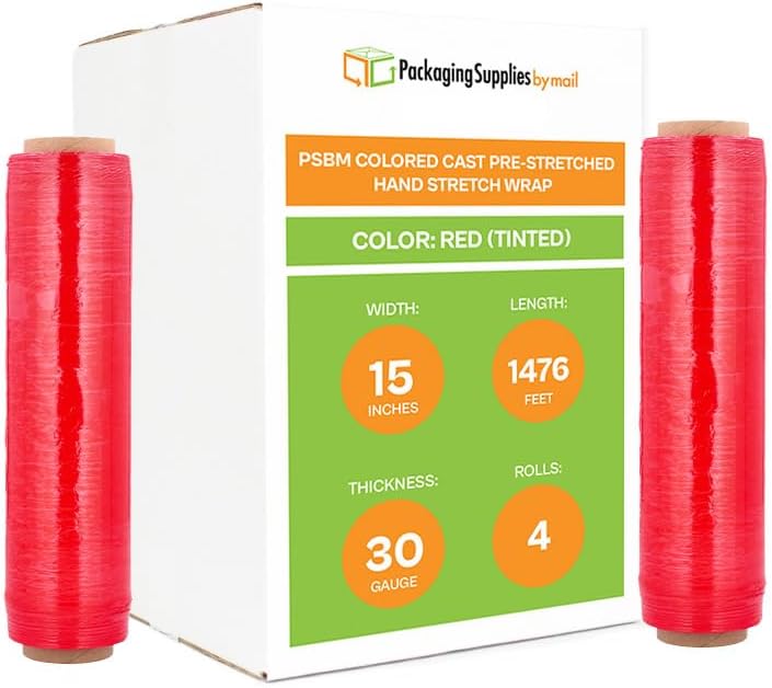 PSBM Red Stretch Wrap, 15 Inch x 1476 Feet, 4 Pack, Tinted Pre-Stretched Shrink Wrap Film for Moving, Packaging, Pallet Wrapping
