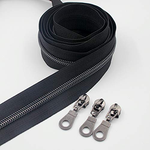 5 Black Nickel Metallic Nylon Coil Teeth Zippers by The Yard Bulk 10 Yards Zipper Tape with 25pcs Black Nickel Sliders for DIY Sewing Tailor Craft Bag