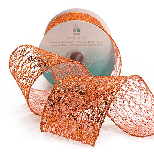 Sparkling Glitter Mesh Wired Ribbon 2.5" x 10 Yards Bronze Orange for Christmas Home Decor Bow Gift Wrapping DIY Crafts Wreath (30 Foot)