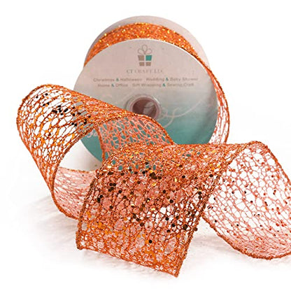 Sparkling Glitter Mesh Wired Ribbon 2.5" x 10 Yards Bronze Orange for Christmas Home Decor Bow Gift Wrapping DIY Crafts Wreath (30 Foot)
