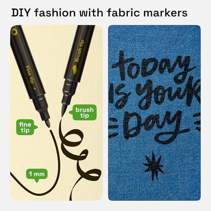 5 Black Dual Tip Fabric Markers Decorating Kit Permanent for Cloth