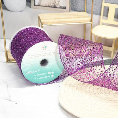 Sparkling Glitter Mesh Wired Ribbon 4" x 10 Yards Purple for Christmas Home Decor Bow Gift Wrapping DIY Crafts Wreath (30 Foot)