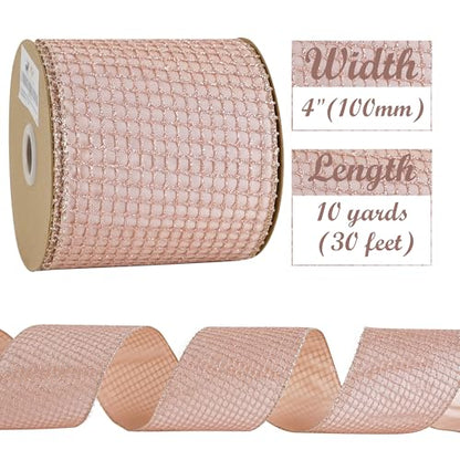 Rose Gold Glitter Square Mesh Wired Ribbon 4 inch x 10 Yards (30 Foot)