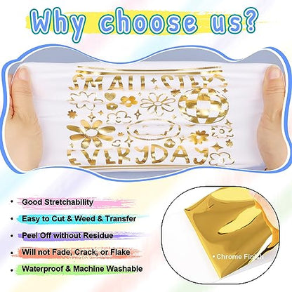 Gold Metallic Foil Heat Transfer Vinyl Roll 12" x12ft Gold Iron on Vinyl Chrome HTV Vinyl Easy to Cut & Weed DIY Heat Press Design for T
