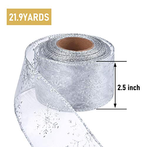 2.5 Inch Wide Christmas Wired Ribbon Snowflake Organza Sheer Glitter Ribbon for Xmas Tree (65.69999999999999 Foot)