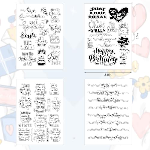 4 Sheets Sentiment Words Clear Stamps Greeting Words Happy Birthday Silicone Transparent Stamps for DIY Craft Card Making Scrapbooking Embossing Album Decor (4 Count)