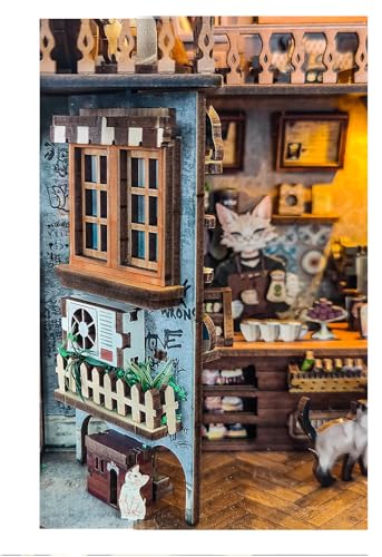 Cat Book Nook Miniature House Kit with Dust Cover Bookshelf Decor