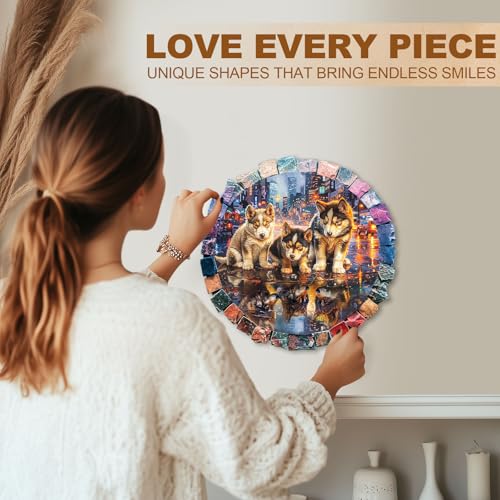 Puppies Puzzles Dog Neon Mosaic Creative Shaped City Nightscape Round Puzzle Adults Gifts for Women Men Wooden 200 Pieces 11.4 * 11.4in