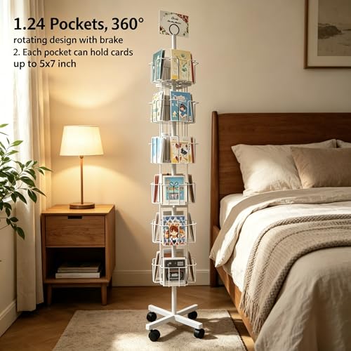 White Greeting Card Display Rack Rotating Flyer Stand 24 Pocket