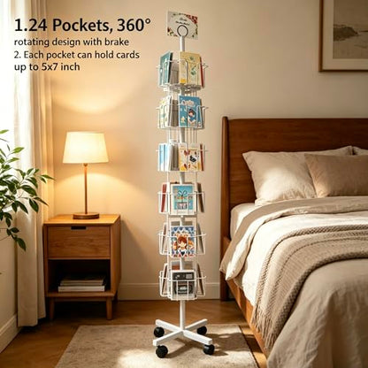 White Greeting Card Display Rack Rotating Flyer Stand 24 Pocket