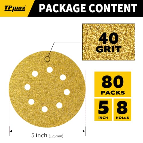 80PCS 5 Inch 40 Grit 125mm 8 Hole Sanding Discs Sandpaper (80 Count)