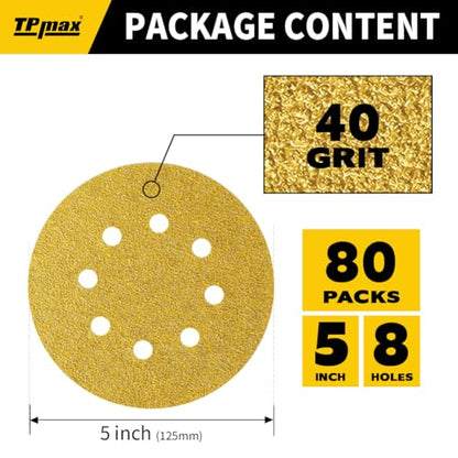 80PCS 5 Inch 40 Grit 125mm 8 Hole Sanding Discs Sandpaper (80 Count)