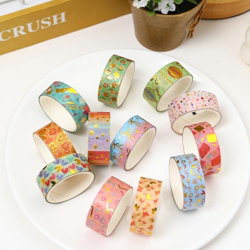 12 Rolls Charming Washi Tape Set Gold Silver Foil Detailing Arts Adhesive Tapes Basic Patterns Decorative Masking Tape Sets for Craft (12 Count)