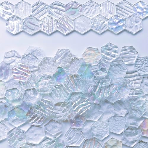 100 pcs Hexagon White Iridescence Stained Glass Pieces Mosaics Tiles for Crafts Bulk (100 Count)