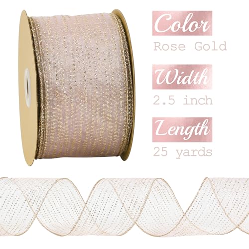 Rose Gold Sheer Glitter Wired Ribbon 2.5 Inch Horizontal Stripes Polka Dot Christmas Ribbon Organza Sheer Glitter Ribbons 25 Yards Rose Gold Ribbons for Christmas Tree (75 Foot)