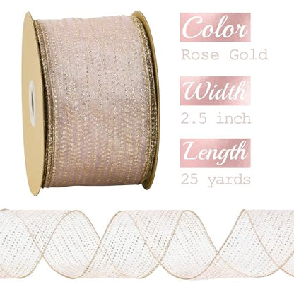 Rose Gold Sheer Glitter Wired Ribbon 2.5 Inch Horizontal Stripes Polka Dot Christmas Ribbon Organza Sheer Glitter Ribbons 25 Yards Rose Gold Ribbons for Christmas Tree (75 Foot)