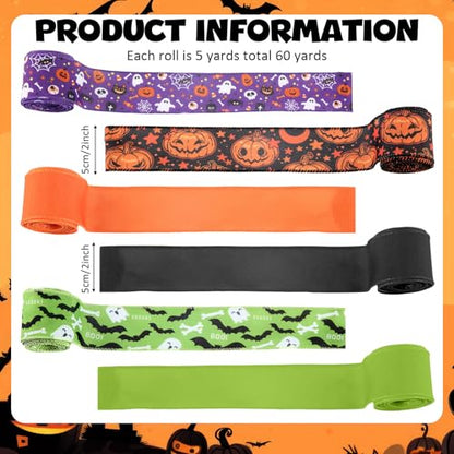 12 Rolls 60 Yard Halloween Wired Ribbon for Wreath Craft Bow (12 Count)