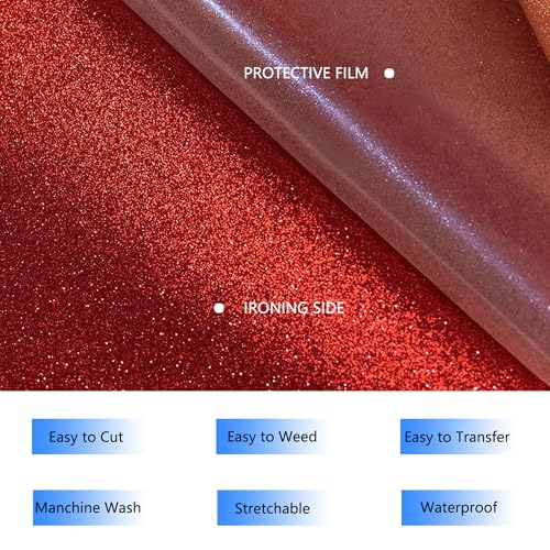 RENLITONG Red Glitter Heat Transfer Vinyl HTV Vinyl Rolls