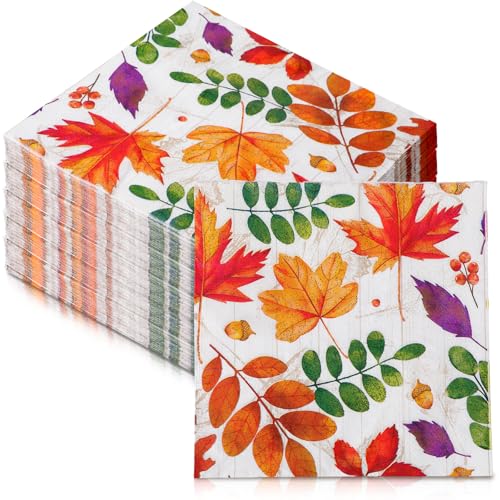 60 Pcs Fall Leaves Cocktail Paper Napkins 6.5 x 6.5 Inches (60 Count)