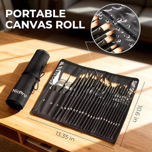 26pcs Professional Paint Brush Set with Palette Knife & Canvas Roll (26 Count)