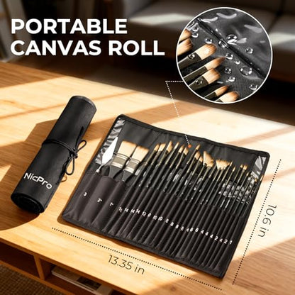 26pcs Professional Paint Brush Set with Palette Knife & Canvas Roll (26 Count)